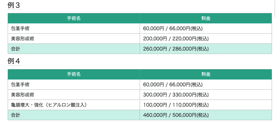 東京ノーストクリニックの費用例