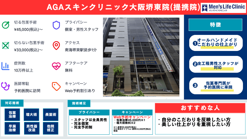 AGAスキンクリニック大阪・堺東院(メンズライフクリニック提携院)の包茎手術の概要