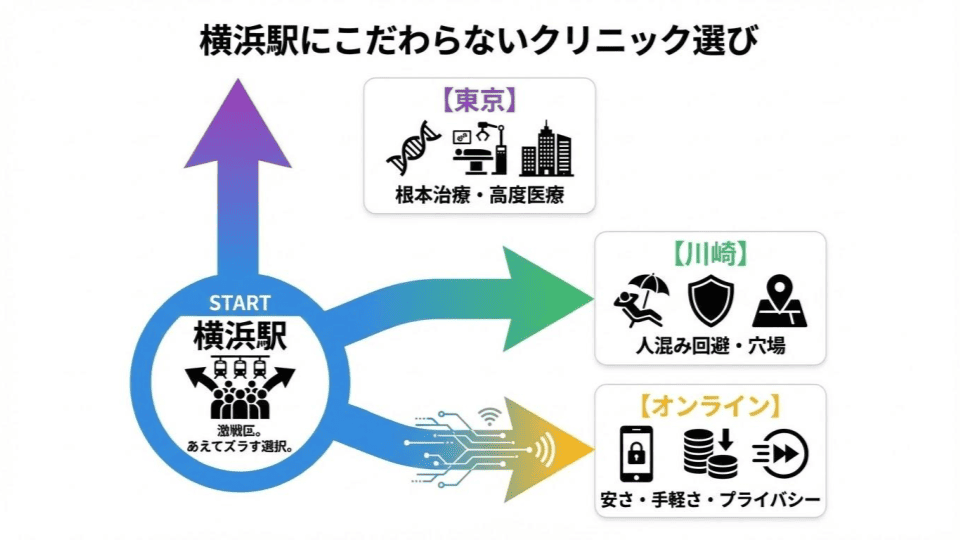 横浜駅にこだわらない！治療の目的次第で川崎・東京・オンライン診療も候補に入れる