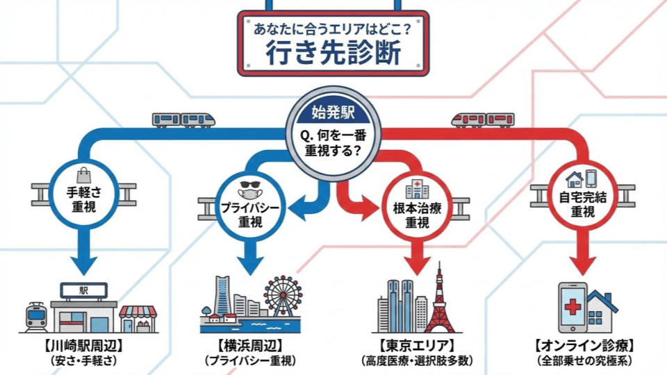 川崎駅にこだわらない！治療の目的次第で横浜・東京・オンライン診療も候補