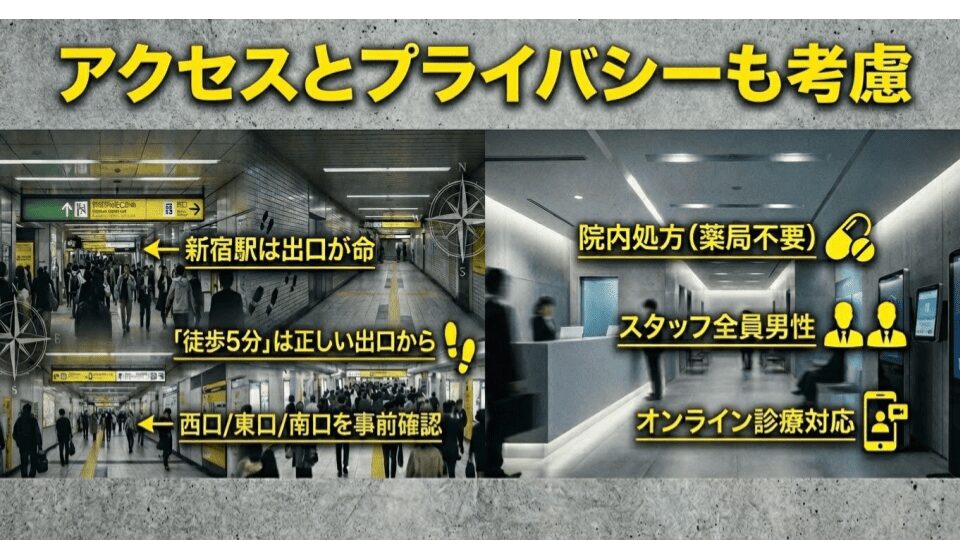 新宿駅の出口からの距離とプライバシー配慮を確認する