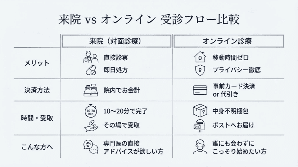 イースト駅前クリニックのAGA治療対面診療とオンライン診療の流れ