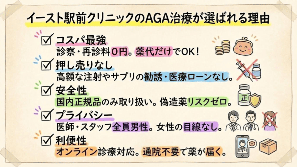 イースト駅前クリニックのAGA治療が選ばれる5つの理由